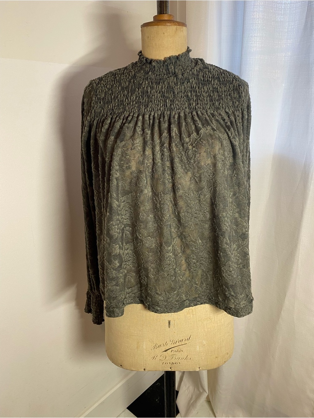 Anthropologie Deletta Amanna olive Lace Smocked Mock Neck Blouse L